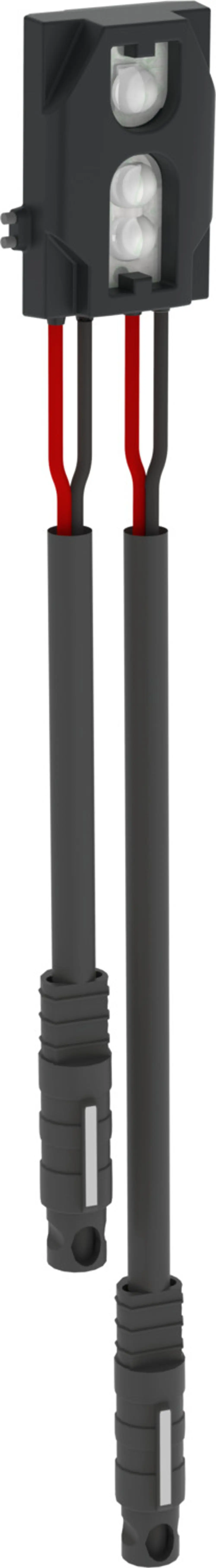 Schwarzer Sensor mit zwei Linselementen und zwei Kabeln in rot und schwarz. Anschlüsse mit Steckverbindungen. Produkt von HANSA, geeignet für verschiedene Installationen.