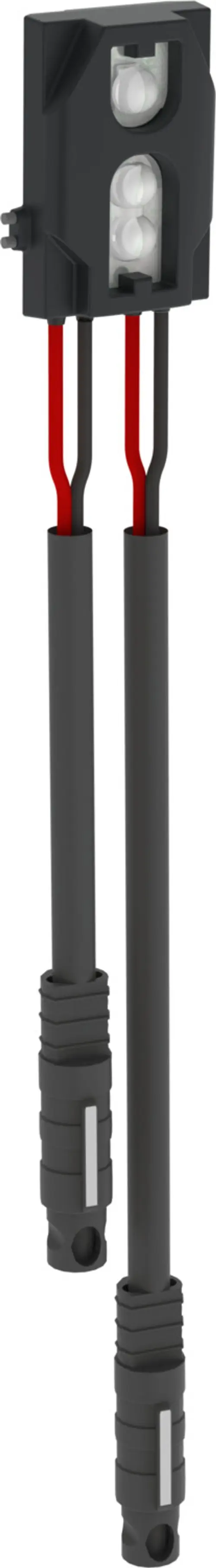 Schwarzer Sensor mit zwei Linselementen und zwei Kabeln in rot und schwarz. Anschlüsse mit Steckverbindungen. Produkt von HANSA, geeignet für verschiedene Installationen.