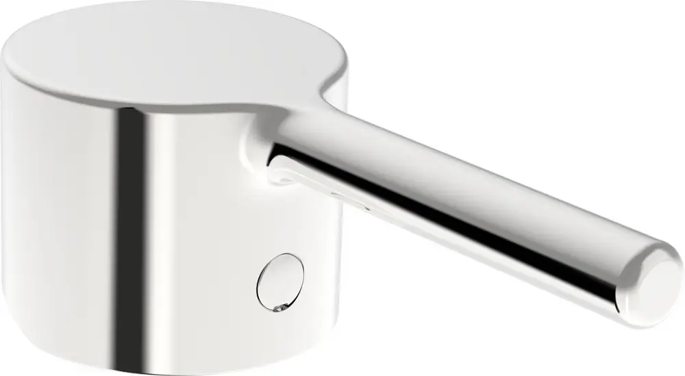 Chromfarbener Hebel von HANSA mit runder Basis und einem langen Griff, geeignet für Armaturen. Gezeigt wird die Vorderansicht mit einem kleinen Ausschnitt.