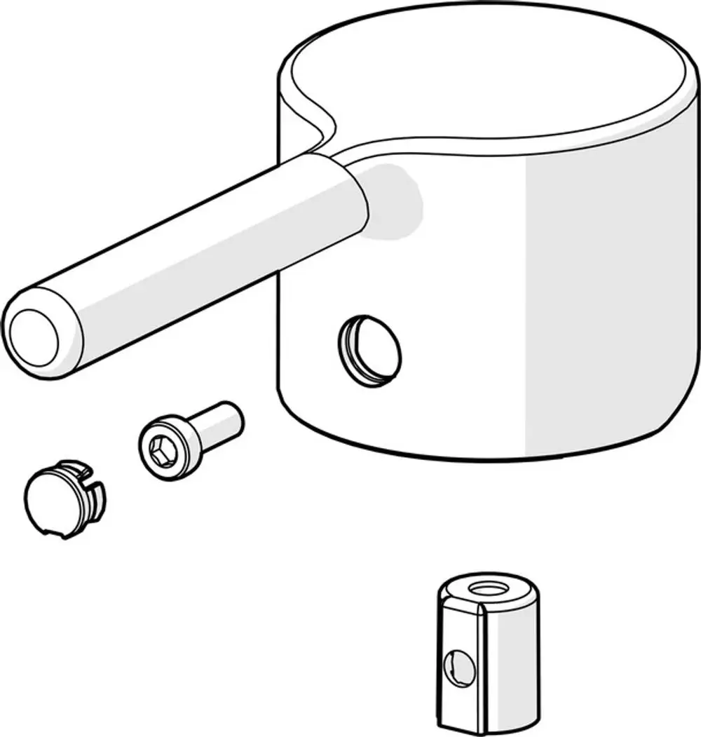 Chromfarbener Hebel mit einem Auslauf und weiteren Befestigungsteilen von HANSA. Der Hebel ist für geometrische Anwendung in Sanitäranlagen konzipiert.