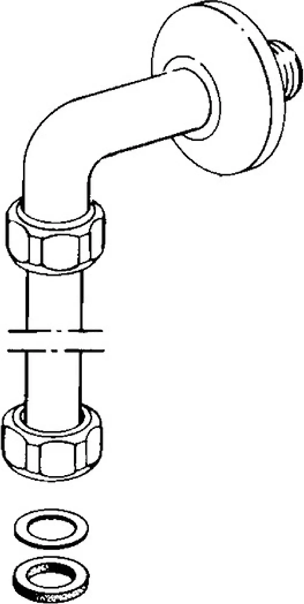 Rohrelement von HANSA mit gebogenem Anschluss. Enthält zwei Verbindungsmuttern und Dichtungsringe, geeignet für Sanitärinstallationen.