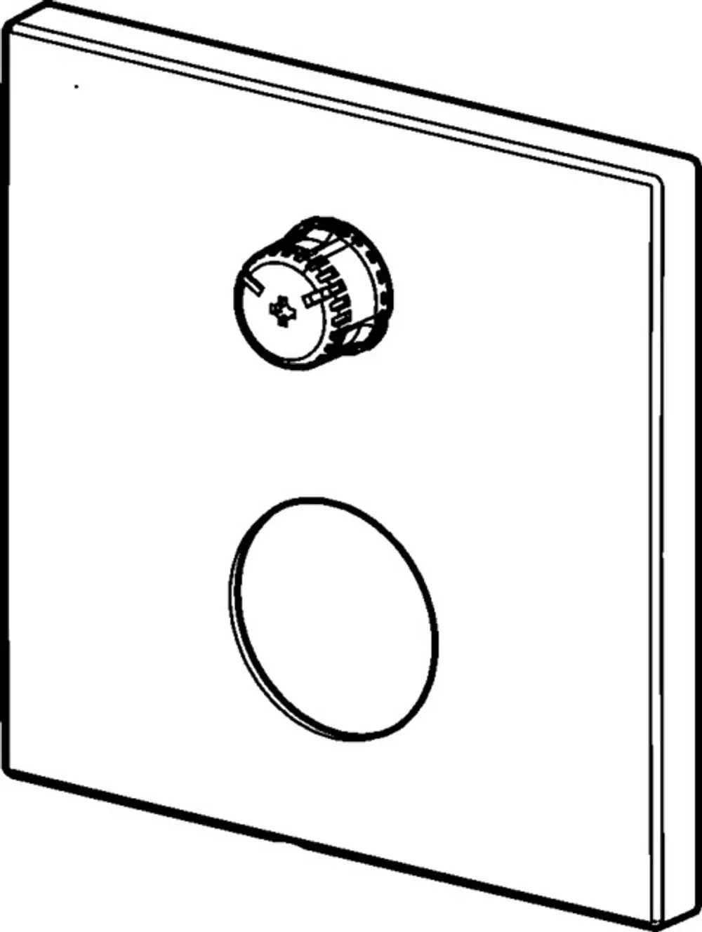 Ein quadratisches, flaches Gehäuse mit einer runden Ausnehmung und einem Drehknopf auf der linken Seite, möglicherweise für Sanitärinstallationen von HANSA.