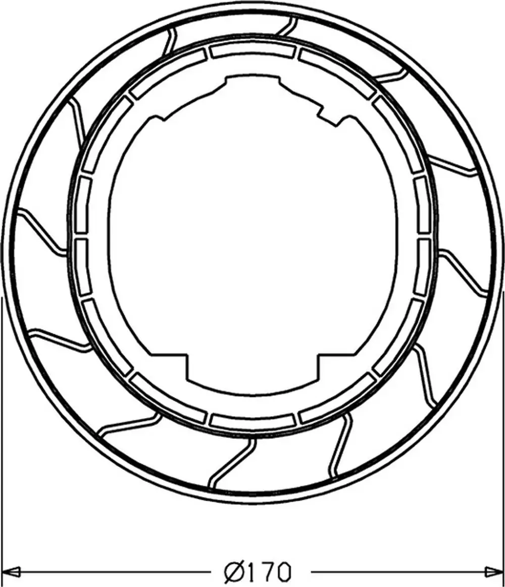 Technisches Diagramm eines runden Elements mit einer inneren Struktur und einer äußeren Umrandung, möglicherweise Teil eines HANSA Produktes.
