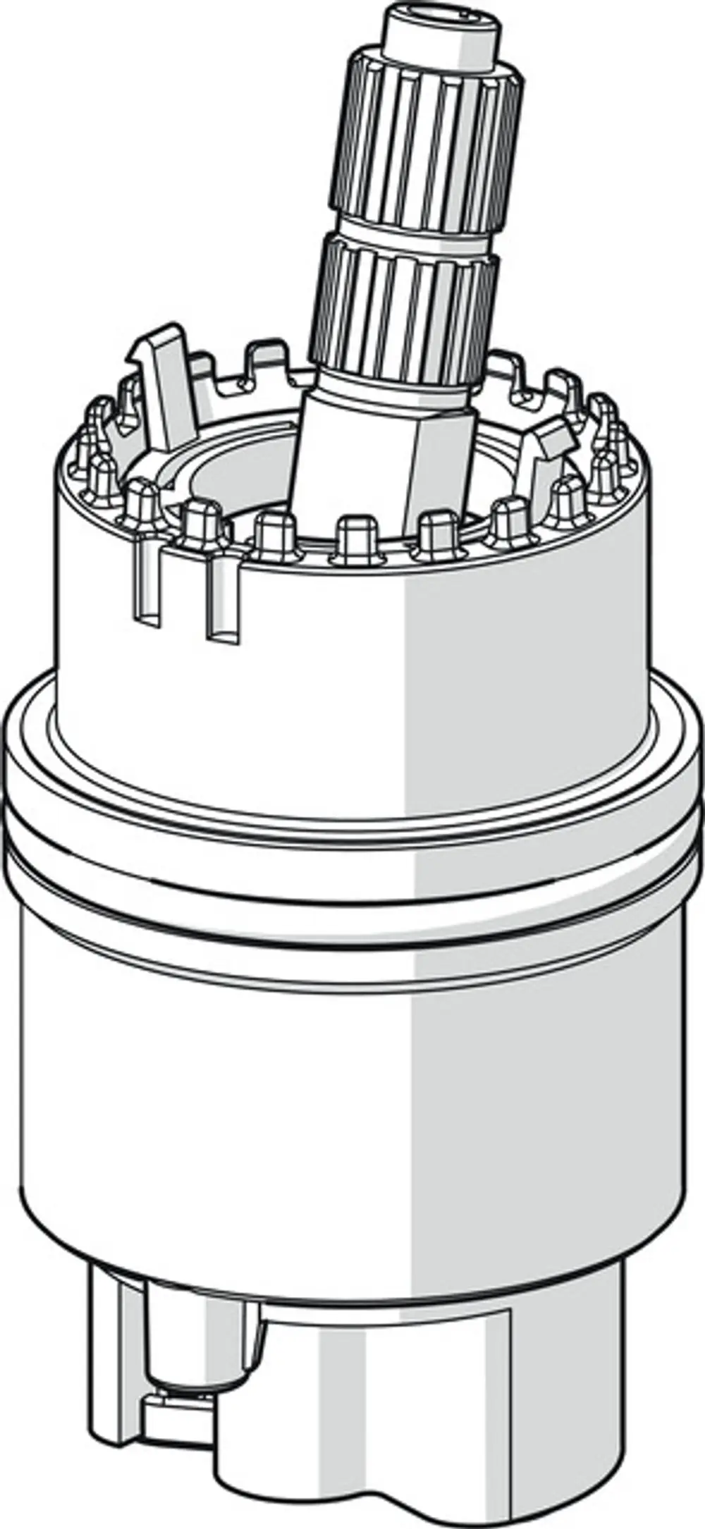 Kartusche von HANSA mit zentralem Auslauf und zylindrischem Gehäuse. Die Bauform zeigt eine gerippte Steckverbindung und eine abgerundete Basis.