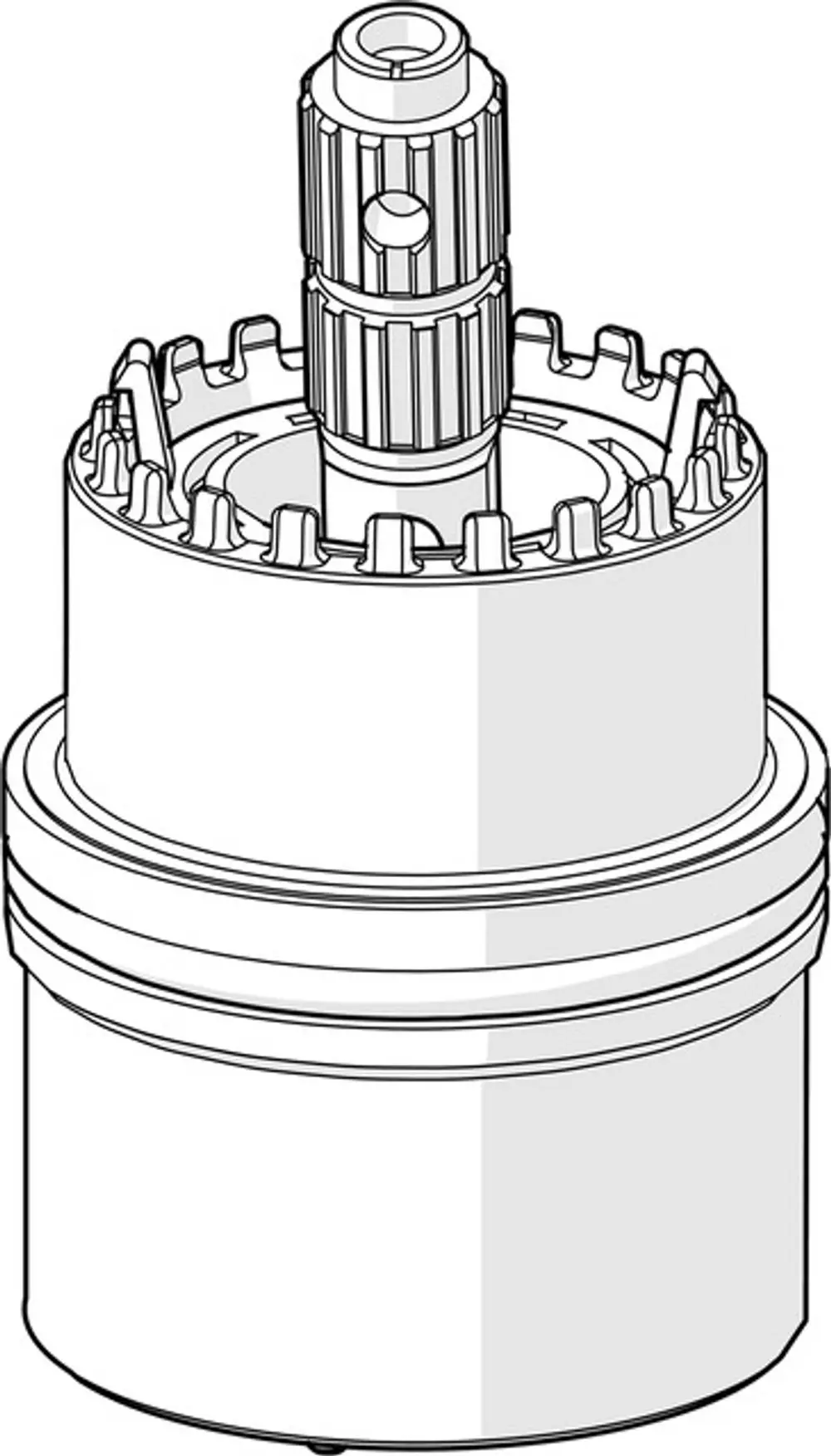 Kartusche von HANSA mit zylindrischer Form und einer strukturierten Oberseite. Die Verbindungsteile sind deutlich sichtbar, der Korpus ist in neutraler Farbe gehalten.