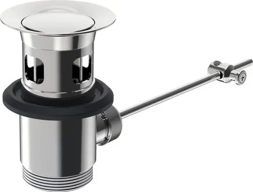 Ablaufgarnitur aus Chrom mit einem Hebelmechanismus. Das Produkt zeigt metallische Oberflächen und ist für Installationen in Bad- oder Küchenspülen geeignet. Hersteller ist HANSA.