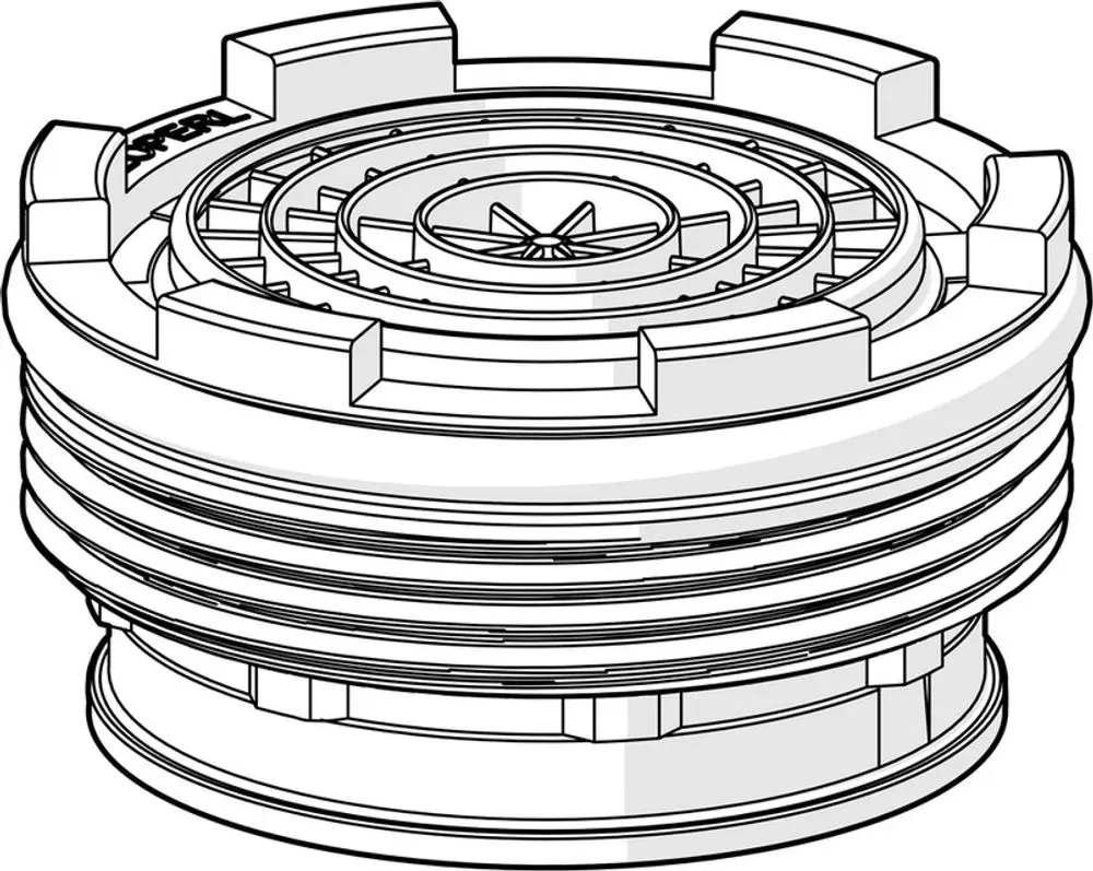 Luftsprudler von HANSA mit spiraliger Oberfläche und mehreren Rillen. Das Produkt hat eine flache Form und eine zentrale Öffnung für den Wasserfluss.