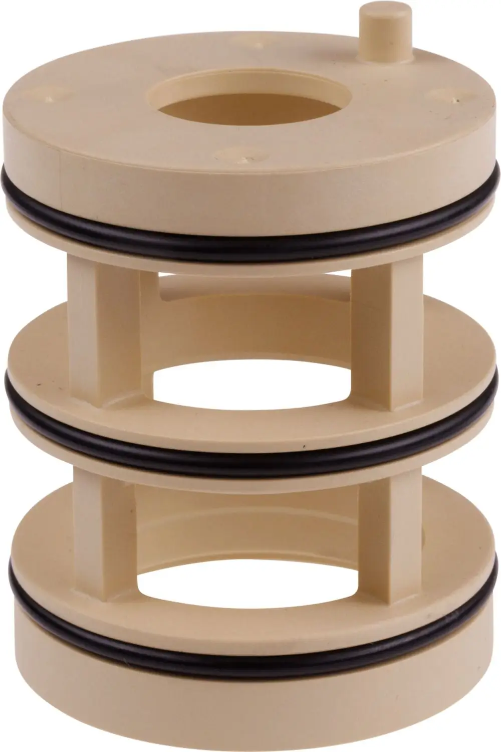 Adapter mit drei Ringen und mittigem Loch, gefertigt aus hellem Kunststoff. Produkte von HANSA sind für Sanitärinstallationen ausgelegt.