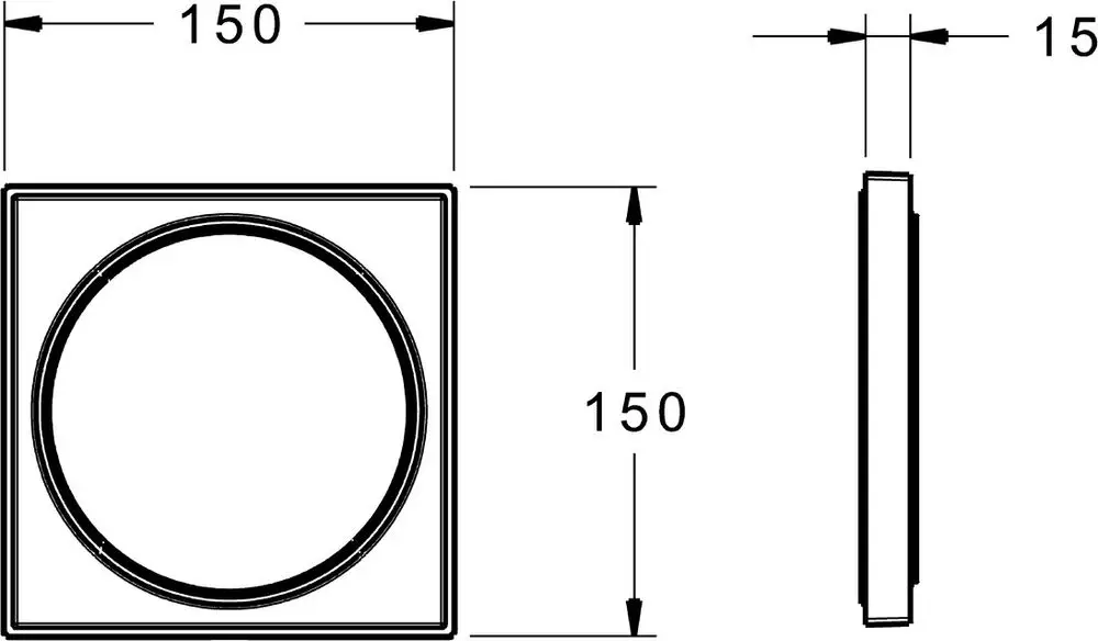 Quadratischer Abdeckungsring von HANSA mit einem Durchmesser von 150 mm. Auf der Zeichnung sind die Maße und die Form klar dargestellt.