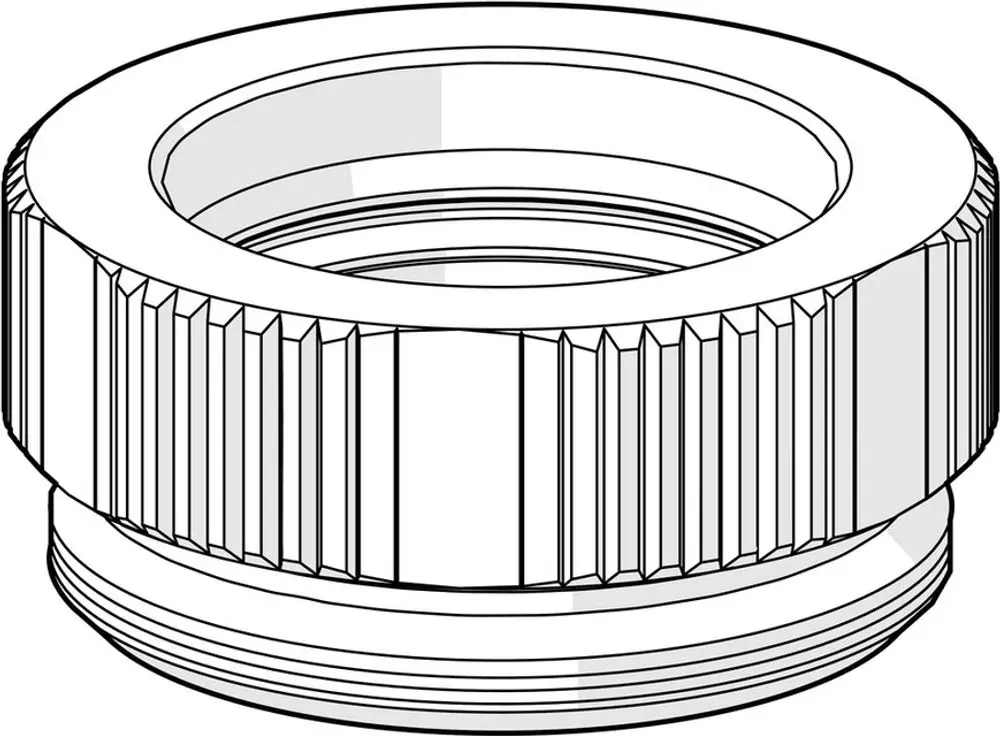 Gegenmutter im technischen Design mit einem gewellten Rand. Der Hersteller ist HANSA. Die Darstellung zeigt die Profile und Struktur des Gewindes.