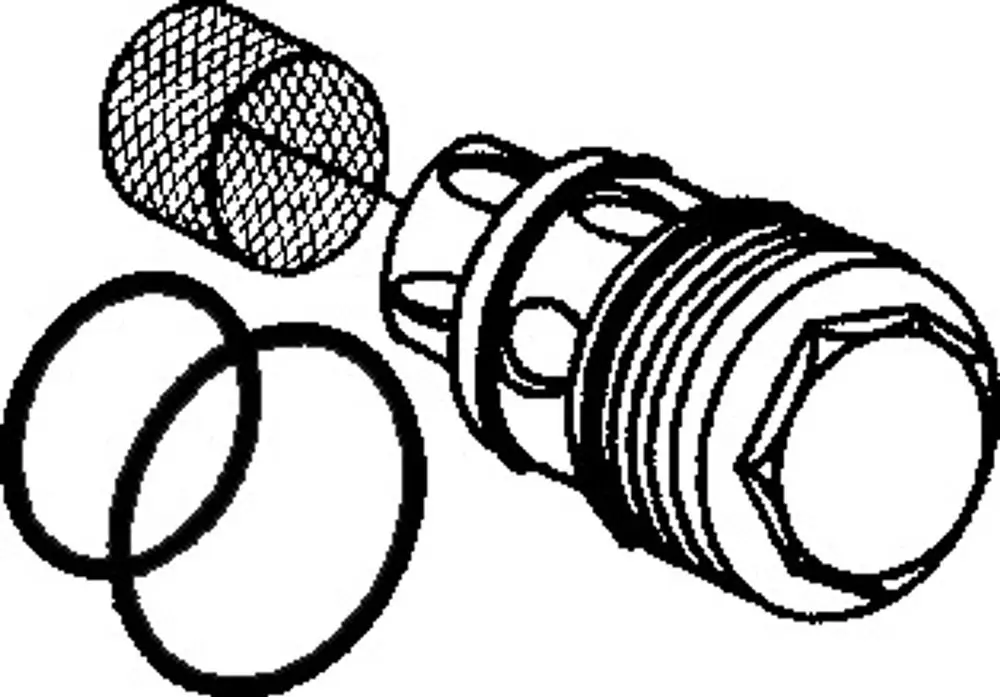 Wartungsset von HANSA, bestehend aus einem Teil mit Gewinde, einem netzförmigen Element und zwei Dichtungsringen in Schwarz.