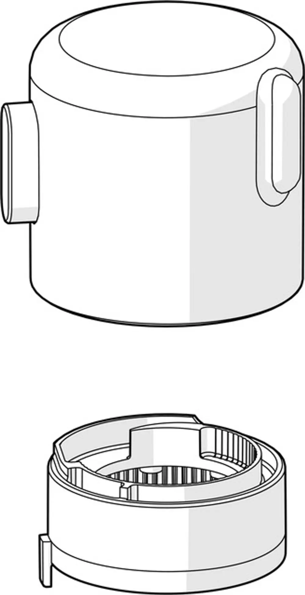 Temperaturregler von HANSA in runder Form mit seitlichem Griff. Oberseite leicht gewölbt, untere Ansicht mit strukturiertem Innenleben zur Einstellung.