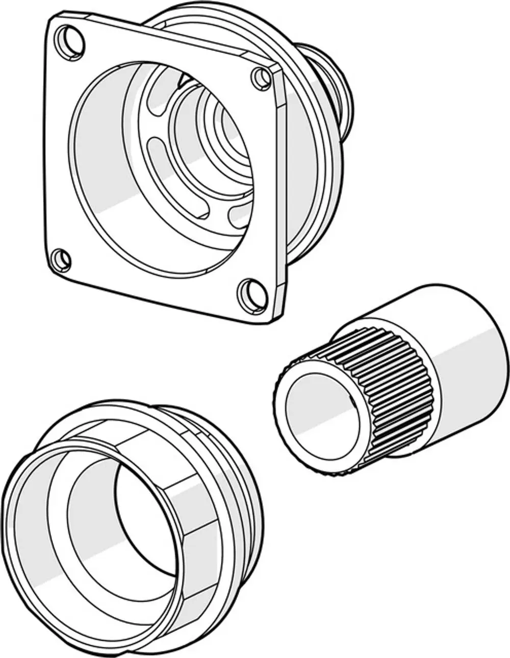 Drei Teile eines Verlängerungssatzes von HANSA, bestehend aus einer Montageplatte, einem Verbindungselement und einem Filter. Technische Zeichnung in Schwarz-Weiß.