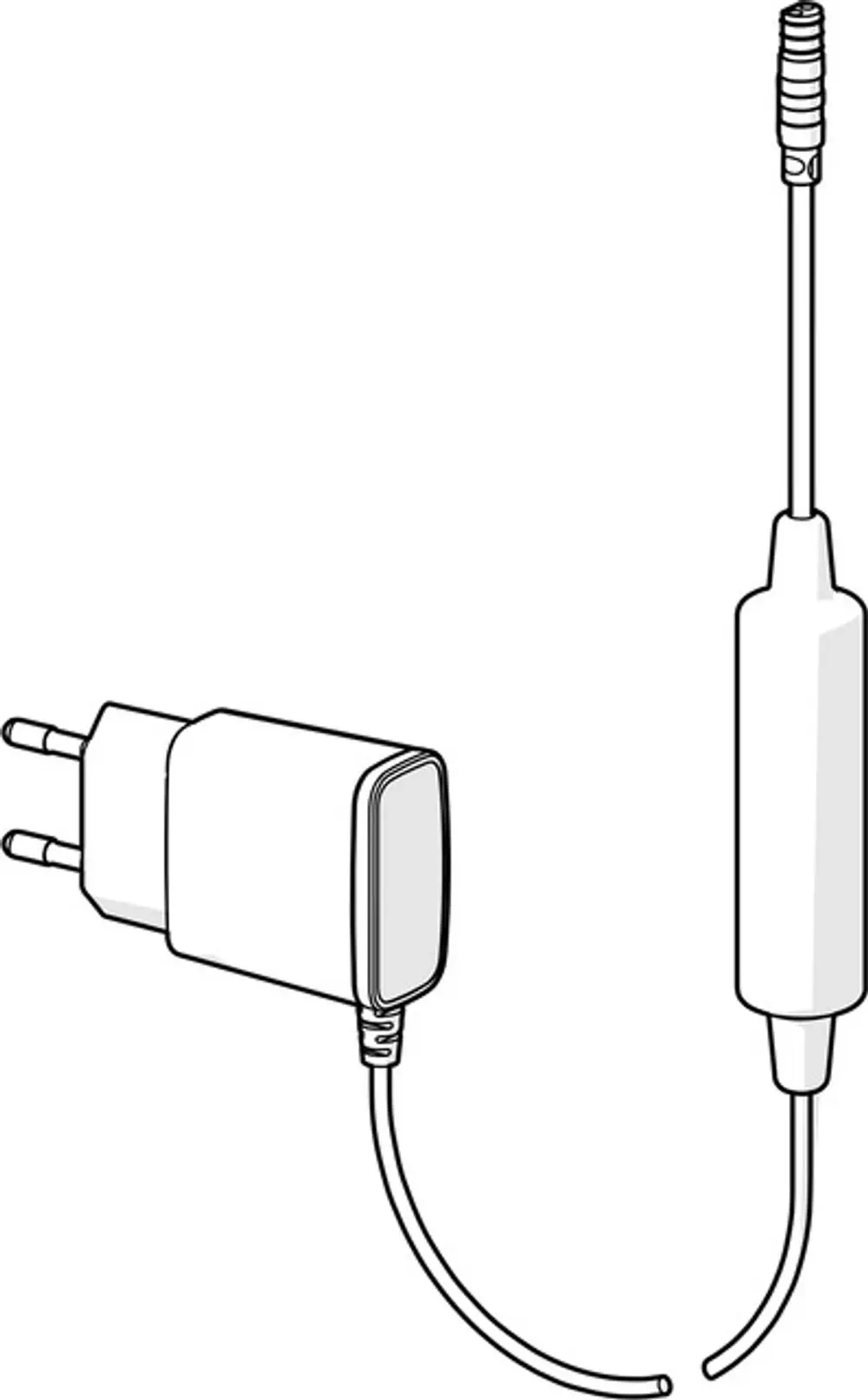 Weißes Netzteil mit zwei Steckpins und einem Kabel, das zu einem transformierenden Element führt. Marke HANSA.