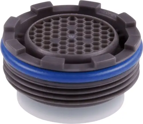 Luftsprudler von HANSA mit hexagonalem Gitter und buntem O-Ring, geeignet für Anschluss an gängige Wasserleitungen.