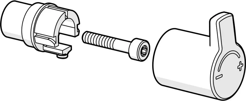 Abgebildet ist ein Temperaturregler der Marke HANSA, bestehend aus einem Griff und einer Montageeinheit. Dazu gehört eine Schraube zur Befestigung.