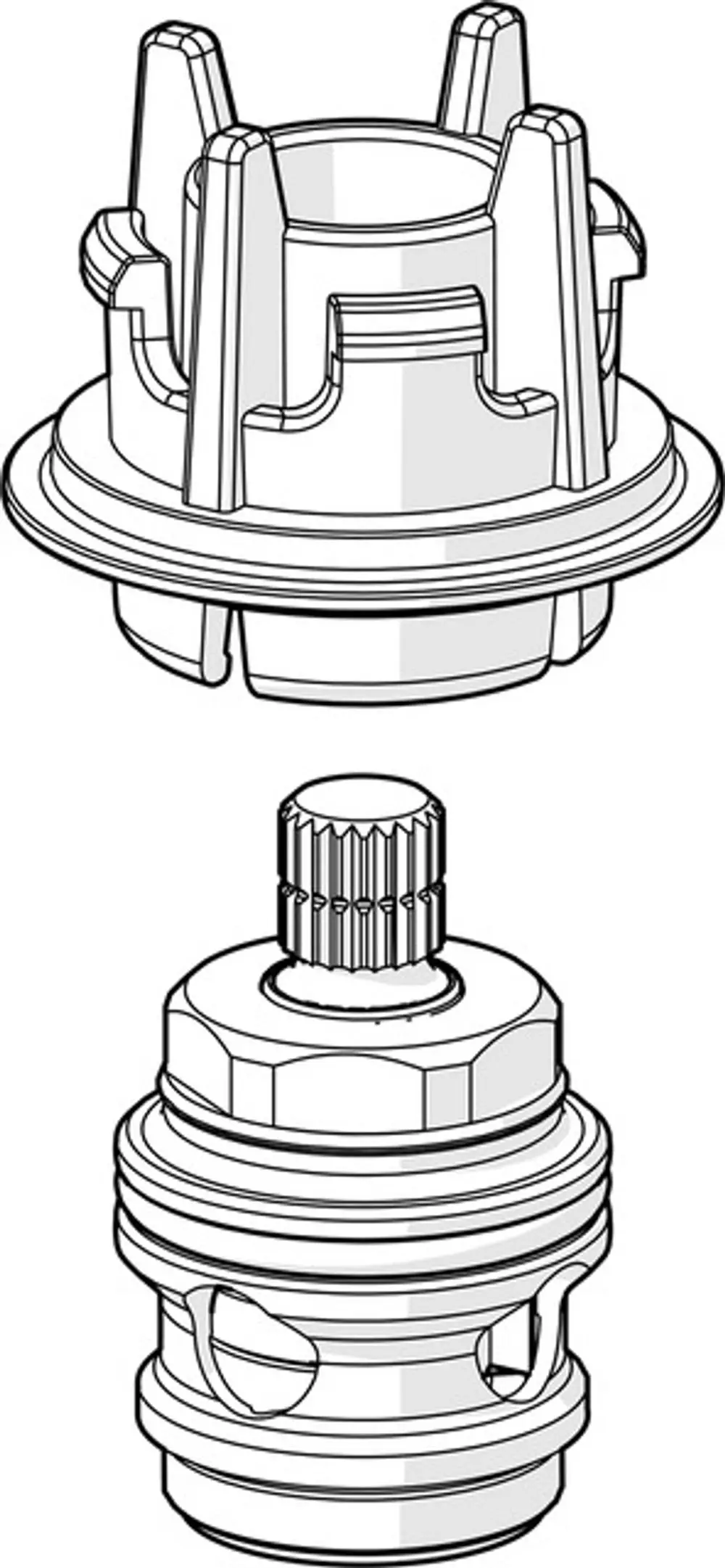  Zeichnung eines oberen Teils einer HANSA-Wasserarmatur mit gewelltem Griff und mehreren Ausschnitten zur Montage. Das Design zeigt sowohl die Vorder- als auch die Rückansicht.