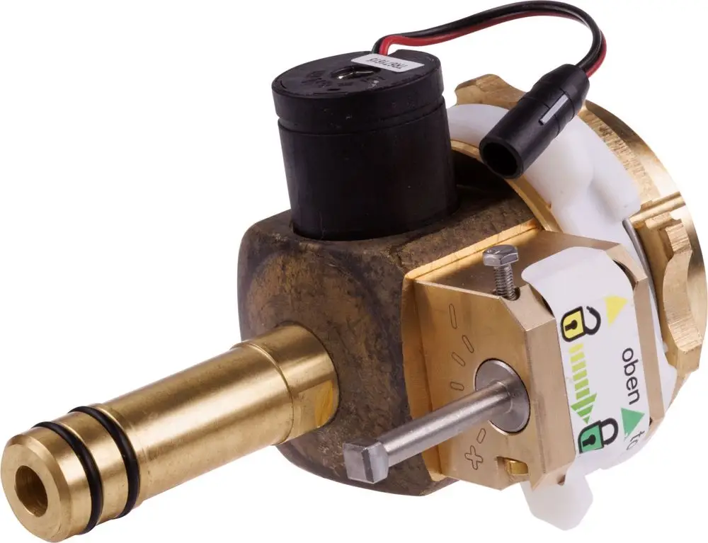 Funktionseinheit von HANSA mit einer Kombination aus Metall- und Kunststoffkomponenten sowie elektrischen Anschlüssen. Erkennbar sind eine Steuerung und eine Anschlussleitung.
