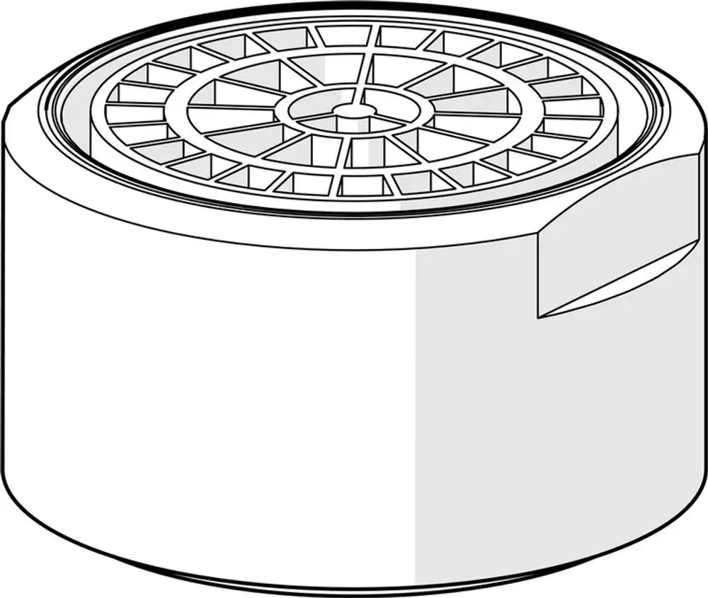 Runder Luftsprudler von HANSA mit einem Gitterdesign auf der Oberseite, montiert auf einem zylindrischen Körper. Farbdarstellung in Schwarz-Weiß.
