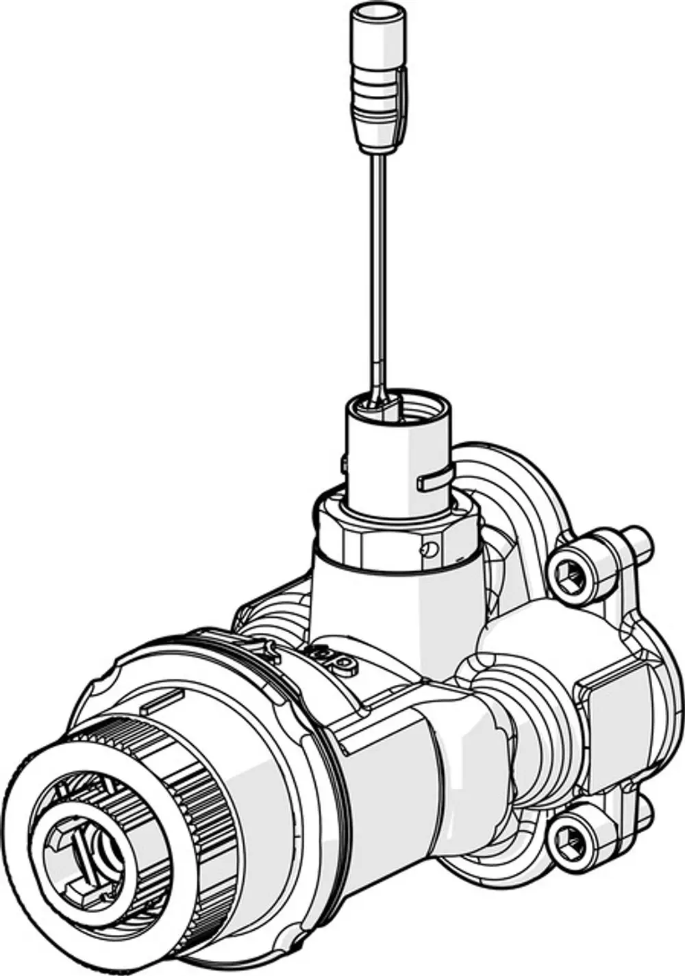 Abgebildet ist eine Funktionseinheit von HANSA, die eine komplexe Konstruktion zeigt, wahrscheinlich zur Steuerung oder Regelung in sanitärtechnischen Anwendungen.