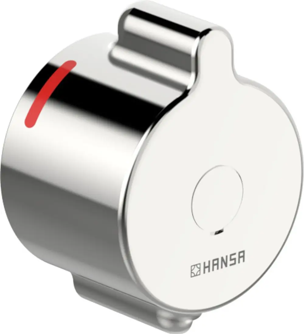 Runder, silberner Griff von HANSA mit einer roten Markierung. Das Design ist schlicht und funktional, geeignet für Desinfektionsanwendungen.