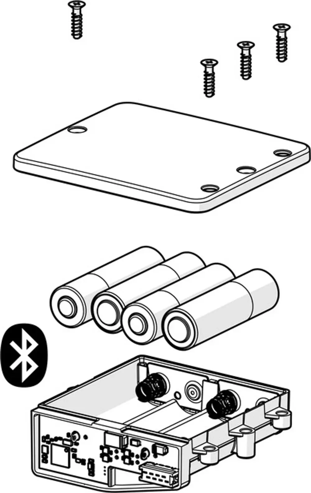 Abgebildete Einzelteile einer Kontroll- und Bluetooth-Einheit von HANSA, bestehend aus einem Gehäuse, einer Abdeckplatte und drei Batterien sowie Montageschrauben.