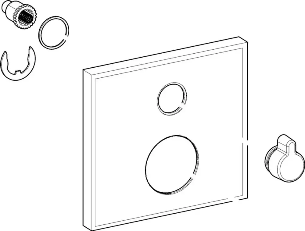 Schematische Darstellung einer Rosette von HANSA, bestehend aus einer quadratischen Basisplatte und mehreren Befestigungselementen.