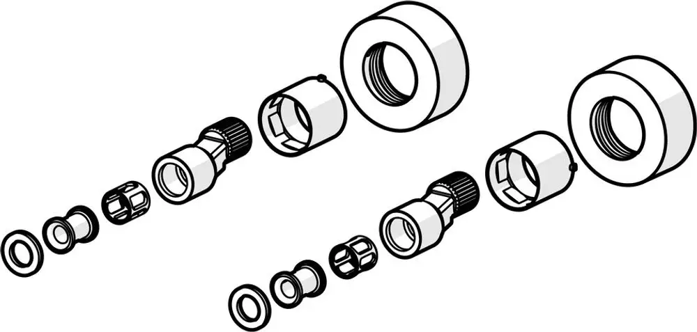 Illustration von verschiedenen Rohranschlüssen und -muttern in unterschiedlichen Größen, die typischerweise in Sanitärinstallationen verwendet werden, unter anderem von der Marke HANSA.