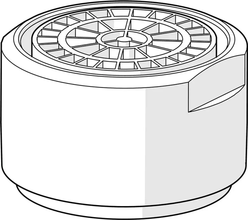 Runder Luftsprudler von HANSA mit einem rautenförmigen Gitterdesign auf der Oberseite und einer seitlichen Aussparung. In neutralem Farbton gehalten.