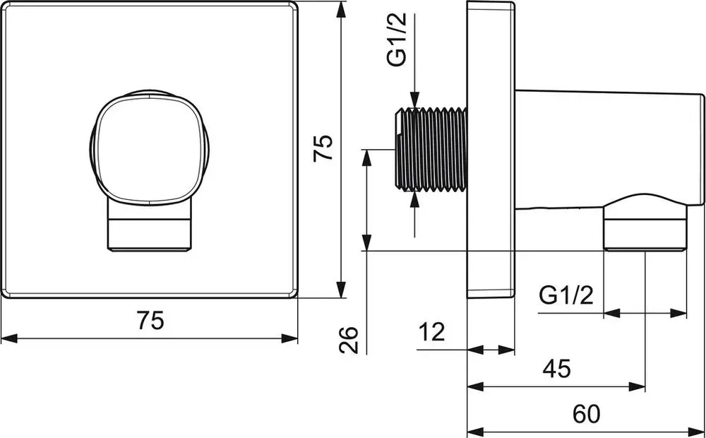 Wandanschlussbogen von HANSA mit quadratischer Rosette. Das Produkt hat einen G1/2 Anschluss und wird in der Sanitärinstallation verwendet.