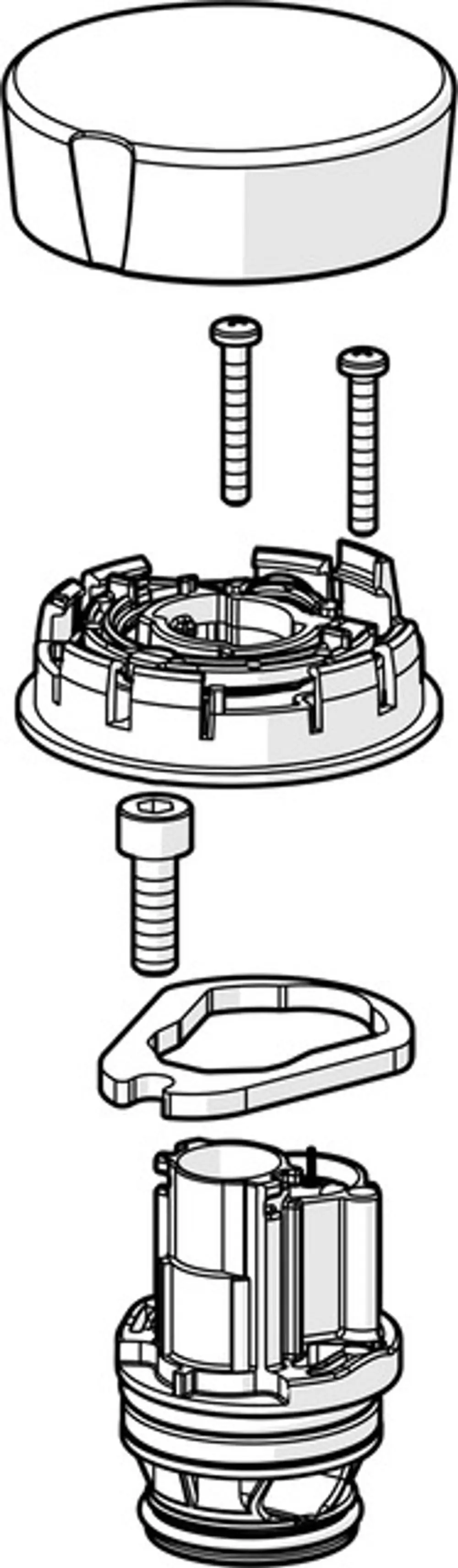 Explosionszeichnung eines HANSA-Update-Kits mit mehreren Komponenten, darunter Schrauben, eine Montagebasis und ein Inneres Bauteil, in schematischer Darstellung.