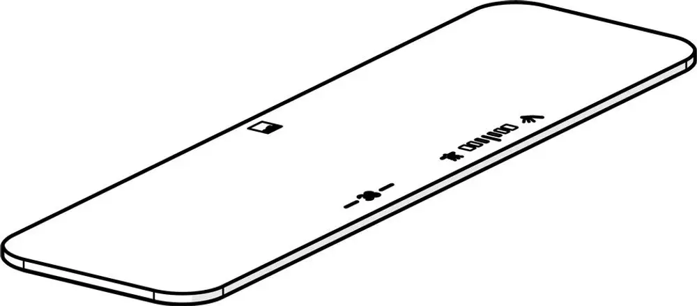 Weiße Deckplatte von HANSA, flach und rechteckig, mit Minimalsymbolen und Knöpfen auf der Oberfläche, sich verjüngender Umrandung und dezentem Design.