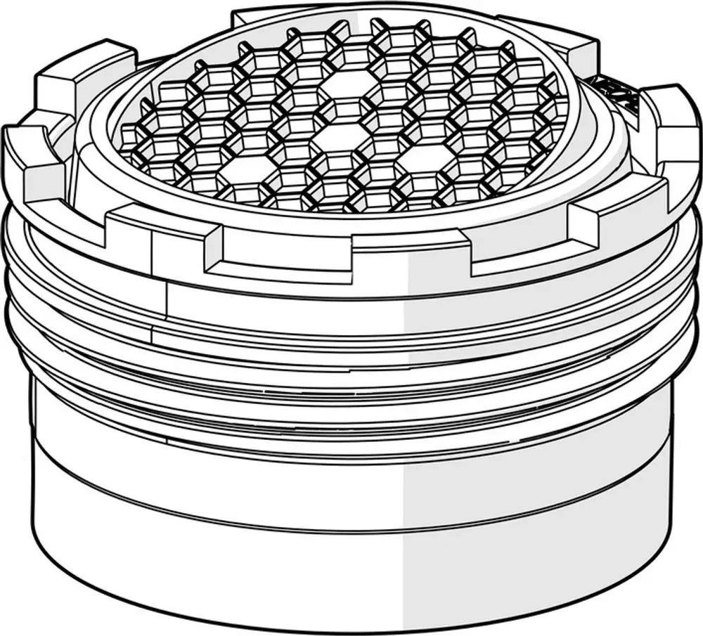 Luftsprudler mit gewelltem Gitterfilter oben und Gewindeanschluss. Produkt von HANSA zur Verwendung mit Wasserinstallationen.