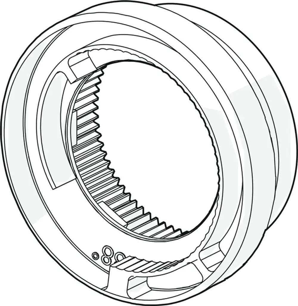 Temperaturanschlag von HANSA in schematischer Darstellung, mit innen zahnradförmiger Struktur und glatter Außenseite, zur Befestigung in Heizsystemen.