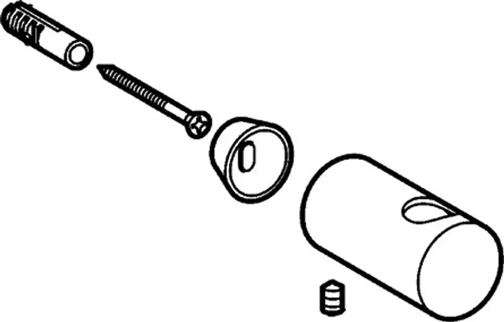 Einzelteile einer Wandbefestigung, bestehend aus einem zylindrischen Gehäuse, einer Schraube und einem kleinen Element. Markenname HANSA ist erkennbar.