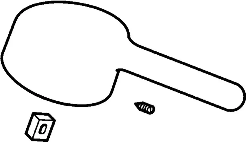 Hebel mit gebogenem Griff und flacher Anschlussfläche, zu sehen zusammen mit einem Schraube und einem kleinen Würfel. Marke HANSA.