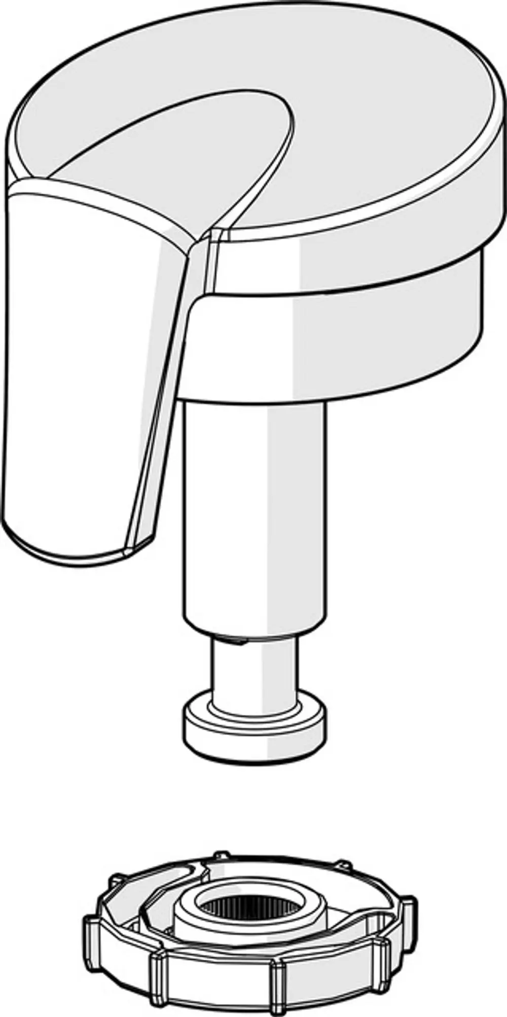 Absperrgriff der Marke HANSA in minimalistischer Form, bestehend aus einem oberen Teil mit gebogener Kante und einem unteren montierbaren Element.