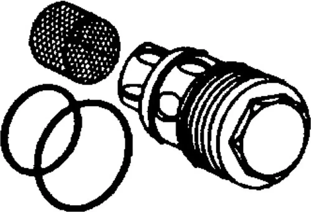 Wartungsset von HANSA mit einem Gewindebolzen, zwei O-Ringen und einem Sieb. Die Teile sind in einem schlichten, technischen Design dargestellt.
