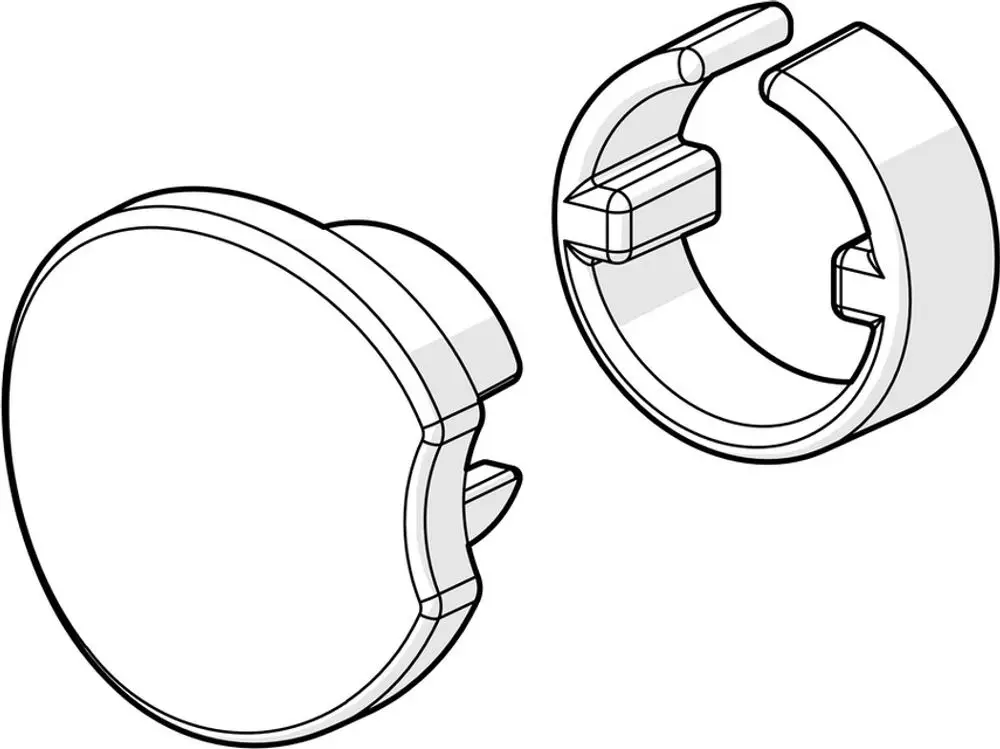 Zwei chromfarbene Blindstopfen von HANSA, einer rund und flach, der andere ringförmig mit einer Einkerbung. Sie sind in einem technischen Design dargestellt.