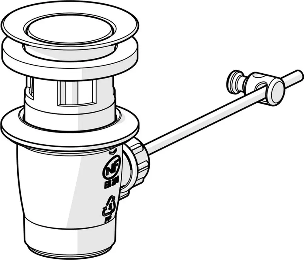 Ablaufgarnitur von HANSA mit einem Abflussmechanismus und einem Hebel zur Steuerung, skizziert in Klartext und ohne zusätzliche Details.