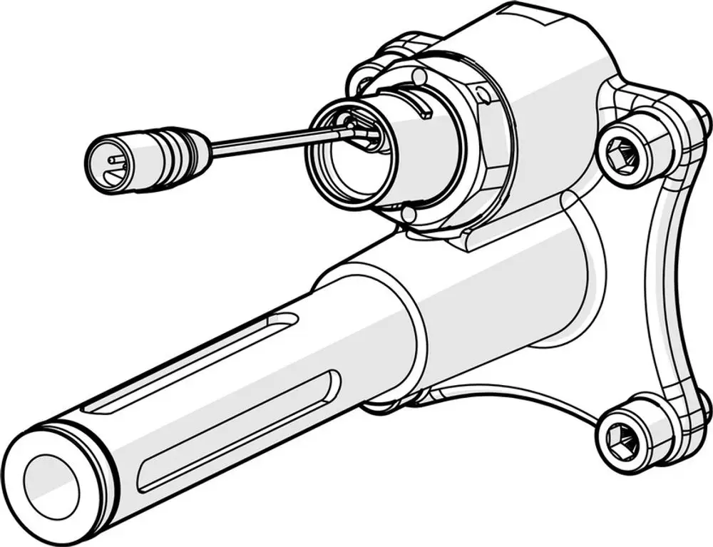 Technische Skizze einer Funktionseinheit von HANSA mit einem Anschluss und einer beweglichen Komponente, klar erkennbar in einem neutralen Design.