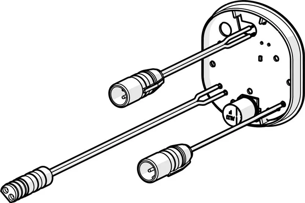 Kontrolleinheit mit zwei Anschlusskabeln und einer Montageplatte. Das Design ist für Anwendungen von HANSA konzipiert.