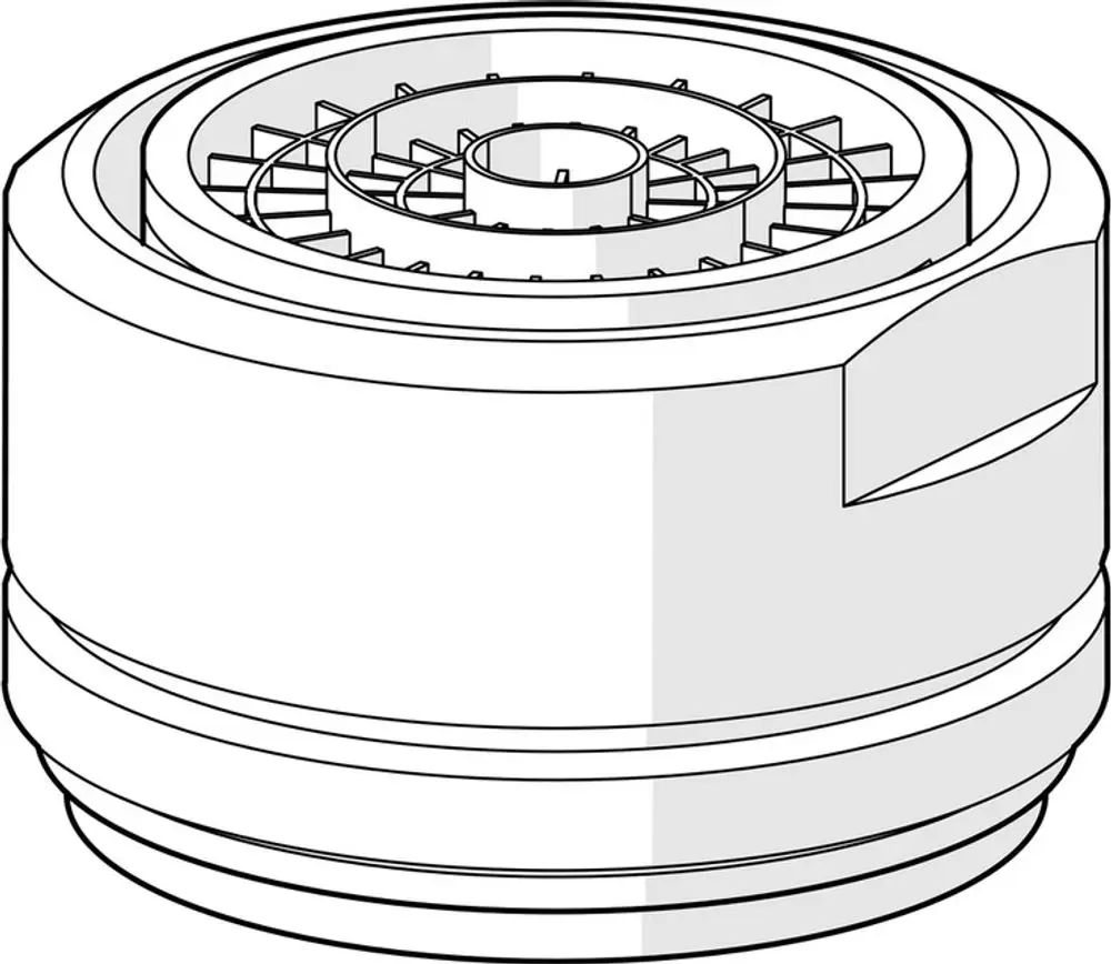 Luftsprudler von HANSA mit laminarer Strömungsführung, zylindrische Form, zentrale Innenspirale. Oberfläche einheitlich und glatt gestaltet.