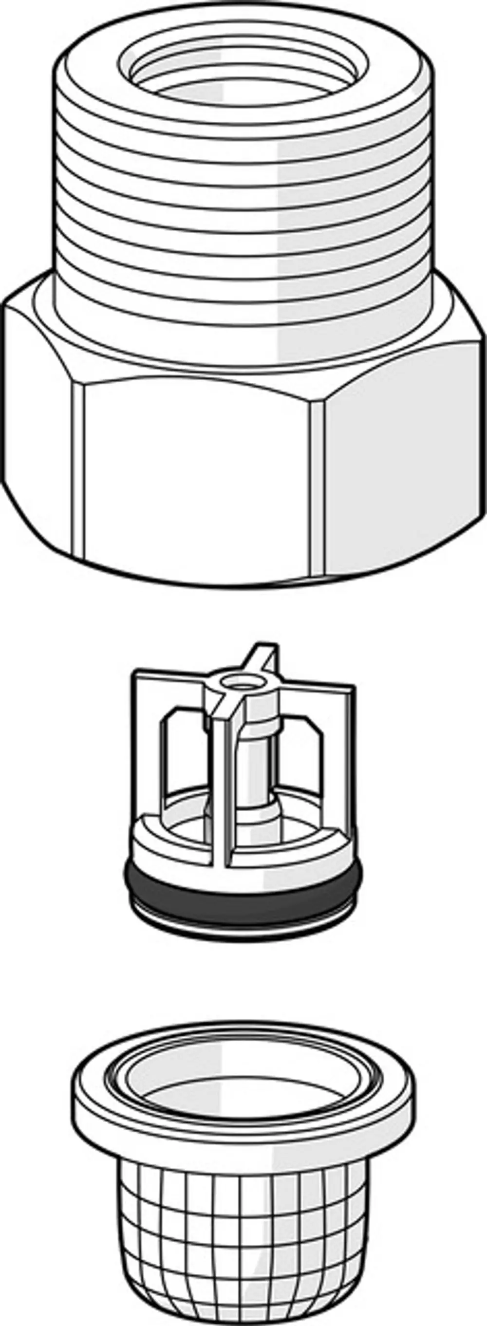 Schmutzfilter Rückflussverhinderer von HANSA, bestehend aus einem Außengewinde, einer Innenkomponente und einem Gitterkorb zur Partikelreduktion im Wasserfluss.