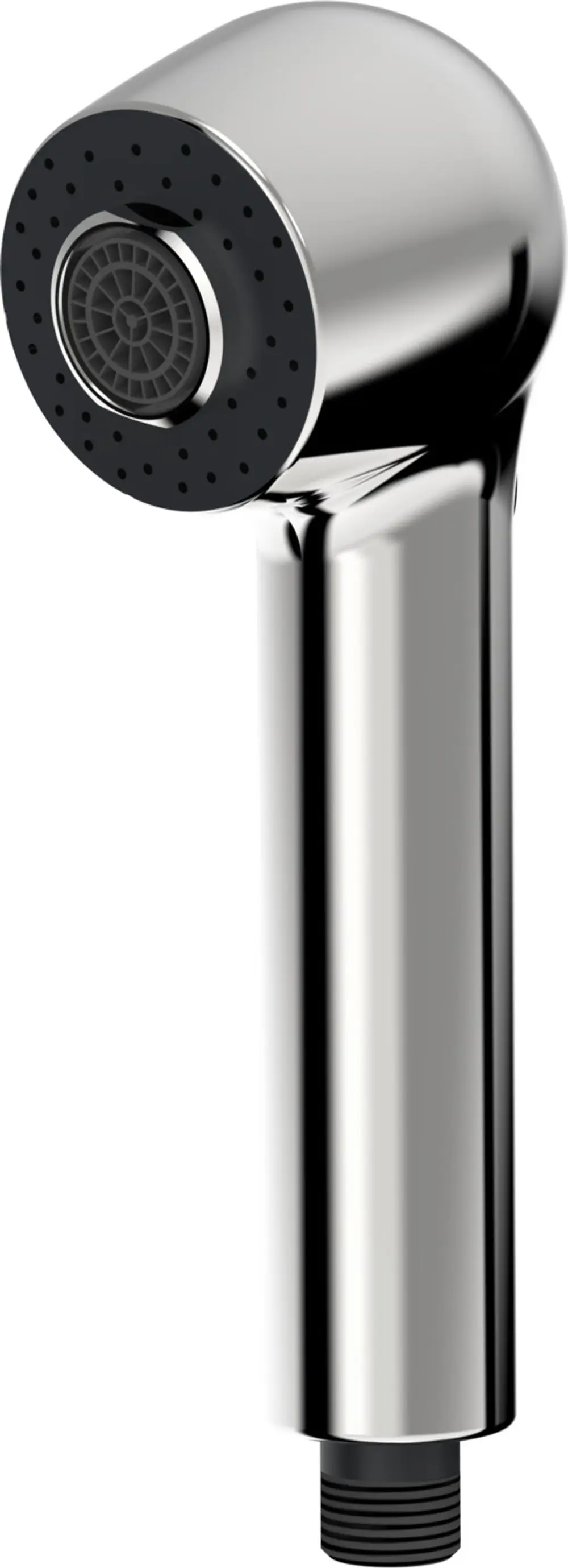 Handbrause in Chrom von HANSA mit runder, perforierter Düse. Das Design ist funktional und passt zu modernen Badezimmern. Anschluss am unteren Ende sichtbar.