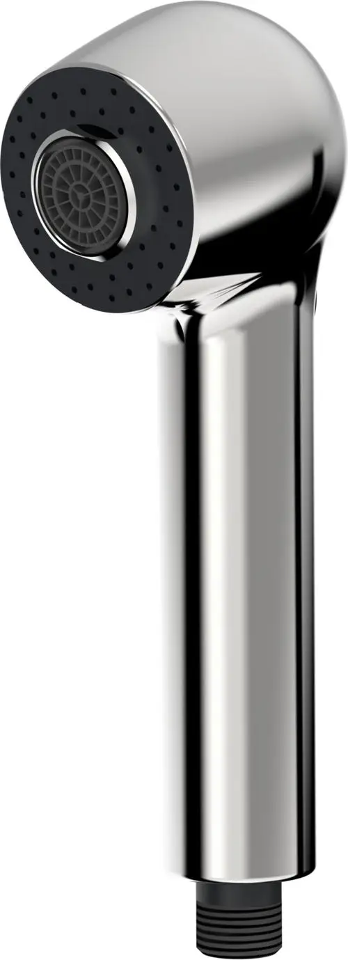 Handbrause in Chrom von HANSA mit runder, perforierter Düse. Das Design ist funktional und passt zu modernen Badezimmern. Anschluss am unteren Ende sichtbar.