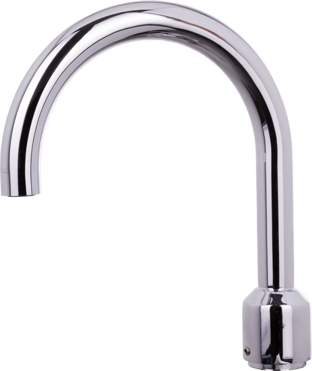 Auslauf aus glänzendem Metall, entworfen von HANSA. Der Wasserhahn hat eine geschwungene Form und eine feststehende Basis. Eignet sich für verschiedene Küchen- oder Badinstallationen.
