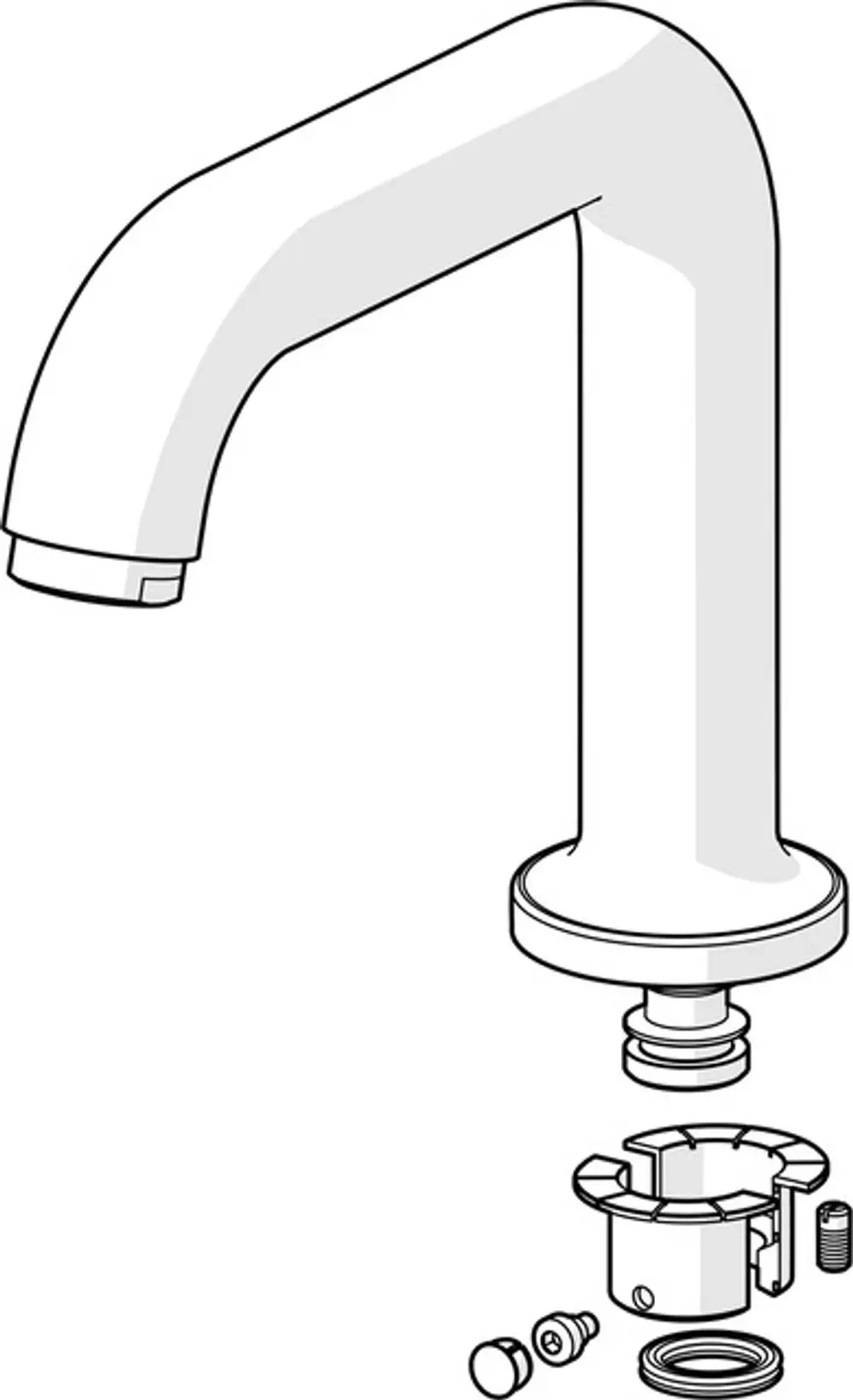 Weißer Wasserhahn mit hohem Auslauf von HANSA. Untere Teile des Wasserhahns mit verschiedenen Komponenten zur Installation dargestellt.