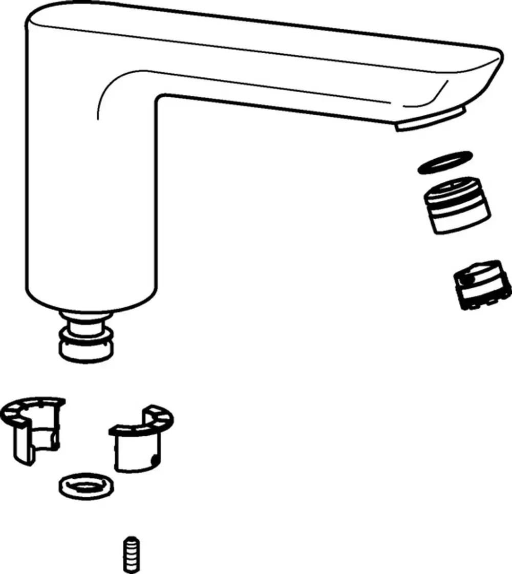 Auslauf von HANSA, schematische Darstellung mit einzelnen Komponenten wie Dichtungen und Befestigungen, zur Verwendung in Sanitärinstallationen.