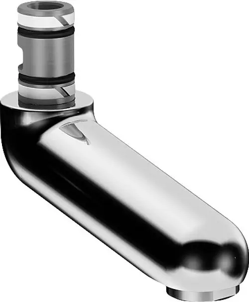 Chromfarbener Auslauf von HANSA, mit geschwungener Form und einem eingebauten Dichtungsmechanismus, zur Befestigung an Wasserhähnen oder ähnlichen Armaturen.